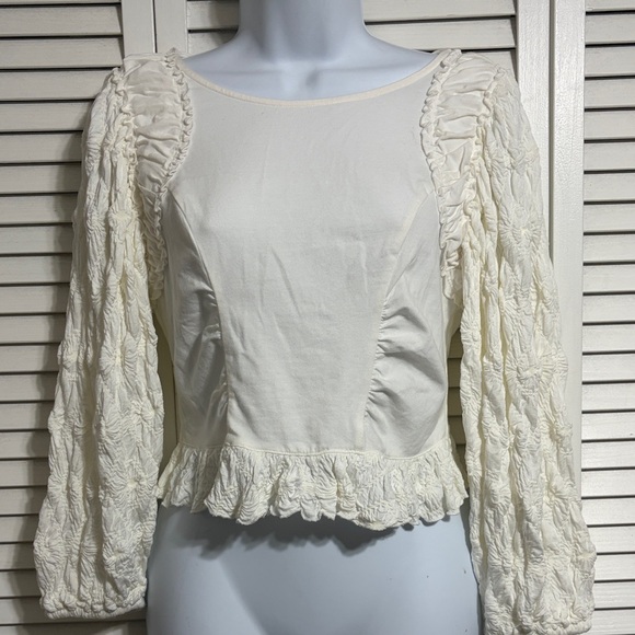 Free People Tops - Free People Oliva Cream Ruffle-Trim Long Sleeve Blouse